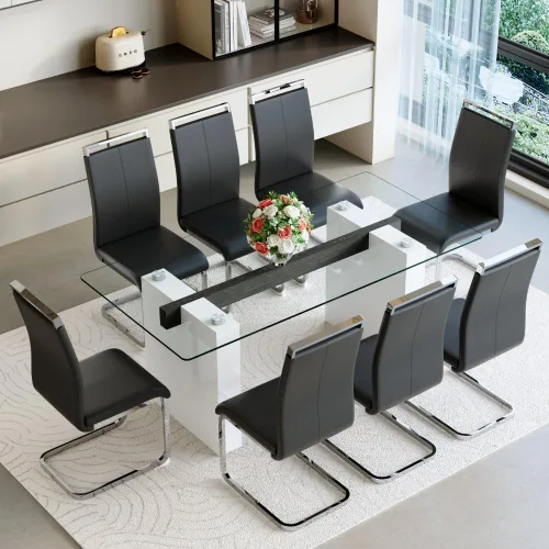 Miniatura 10 de FURNITO Mesa de comedor de vidrio de 71 pulgadas para 6 a 8,0,39 pulgadas de superficie de vidrio grueso con mesa de comedor de pedestal de MDF Mesa