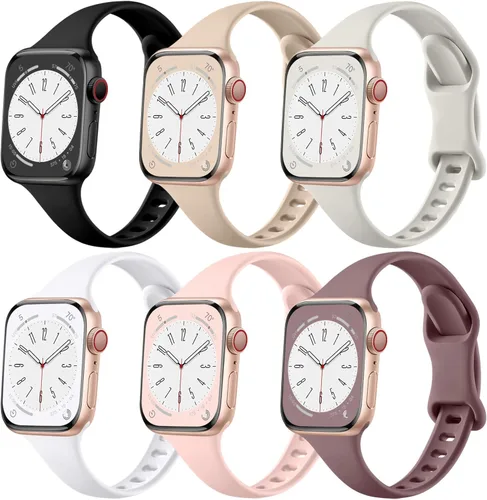 Miniatura 19 de Lerobo 6 Pack Thin Slim Bands Compatible with Apple Watch 38mm 40mm 41mm 42mm 44mm 45mm 46mm 49mm for Women Men, Soft Silicone Sport Strap Wristband