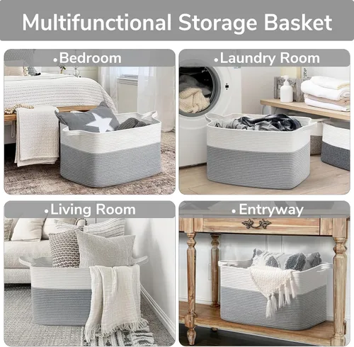 Miniatura 4 de Goodpick Cesta Grande de Almacenamiento de Juguetes, Cestas de Cuerda de Algodón Gris Contenedor de Almacenamiento de Juguetes para Bebé, Niños