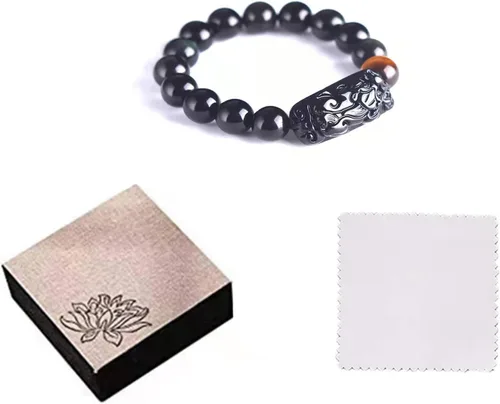 Miniatura 34 de Pulsera de obsidiana negra, pulsera de obsidiana negra Feng Shui para mujeres y hombres, pulsera elástica de obsidiana con piedra de ojo de tigre