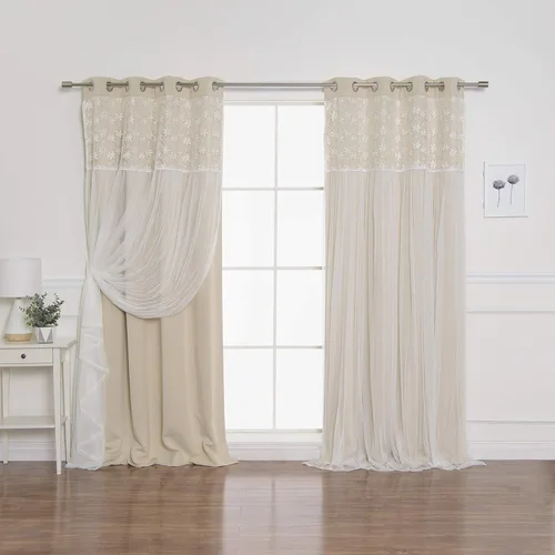 Best Home Fashion GROM_BO_IRENE-84-BEIGE - Cortinas de encaje floral, color beige Irene, 52 pulgadas de ancho x 84 pulgadas de largo, juego de 2