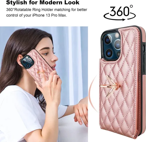 Miniatura 3 de Folosu Funda compatible con iPhone 13 Pro Max con soporte para tarjetas, rotación de 360°, soporte de anillo de dedo con función atril, bloqueo oro