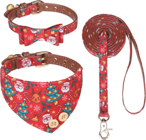 Miniatura 31 de EXPAWLORER Juego de collar y correa para perro - Corbata de moño clásica a cuadros para perro y collar bandana para perro con campana, correa