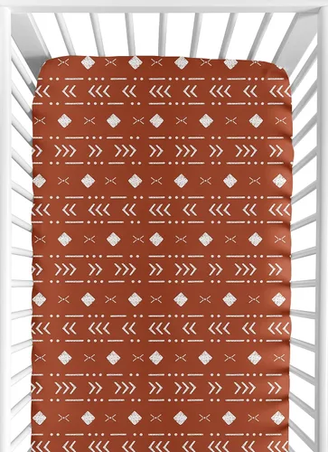Miniatura 10 de Sweet Jojo Designs White Rust Boho Tribal Mudcloth - Sábana bajera ajustable para cuna para bebé o niño pequeño, color naranja, bosque, bohemio