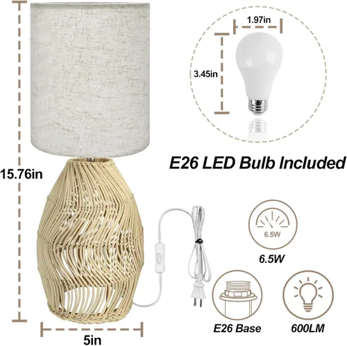 Miniatura 4 de Lámpara de mesita de noche estilo Boho de ratán - Lámpara tejida de bambú hecha a mano con 3 temperaturas de color para mesita de noche y sala