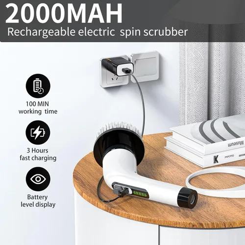 Miniatura 5 de Limpiador eléctrico inalámbrico giratorio – IPX7 impermeable, pantalla LCD, 8 cabezales de cepillo, mango de extensión ajustable, para ducha