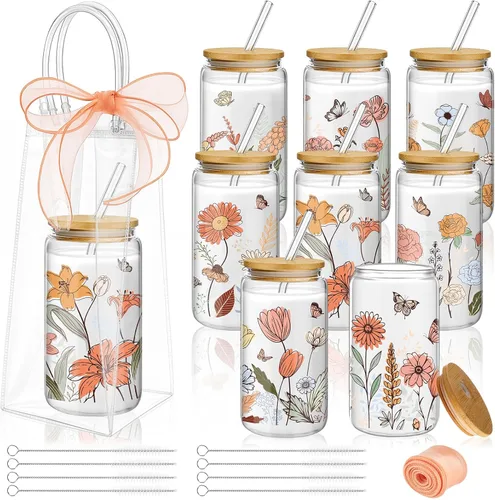 Miniatura 13 de Mumufy 6 Juegos de Tazas de Vidrio Florales Bohemias con Bolsa de Regalo Transparente de 16 onzas, Tazas de Café Helado Reutilizables con Flores