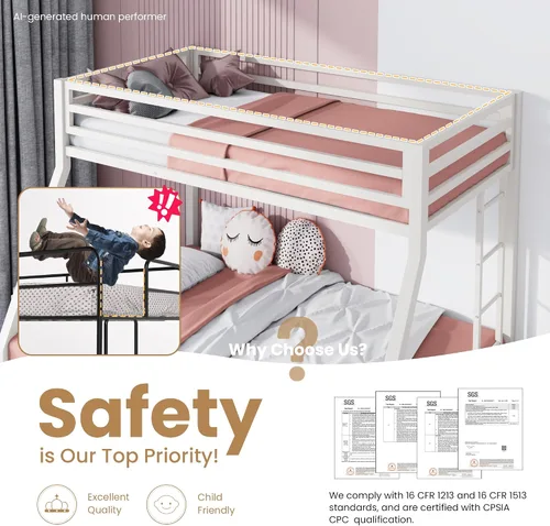 Miniatura 5 de SHA CERLIN Litera tipo loft de tamaño individual sobre full con escalera y barandilla, listones de metal resistente, no necesita somier, muebles