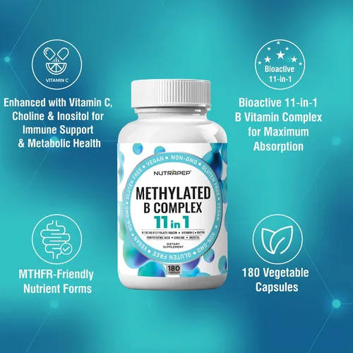 Miniatura 5 de NutraPep Vitaminas del complejo B metilado – Complejo multivitamínico completo de metilo B con bioactivo B9 5-MTHF B6 B12 – Suplemento de apoyo