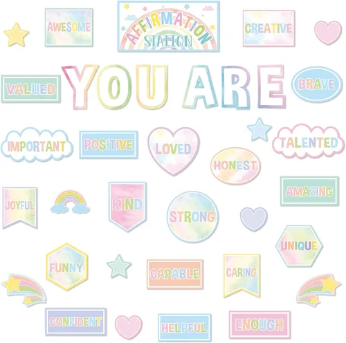 Juego de tablón de anuncios motivacional de estación de afirmación pastel, tablero de anuncios de arcoíris pastel para decoración de pared de aula,