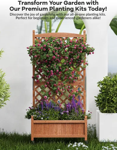 Miniatura 3 de GarveeLife Paquete de 2 macetas altas de madera con enrejado, cama de jardín elevada de 61.5 pulgadas de alto sobre ruedas, maceta vertical