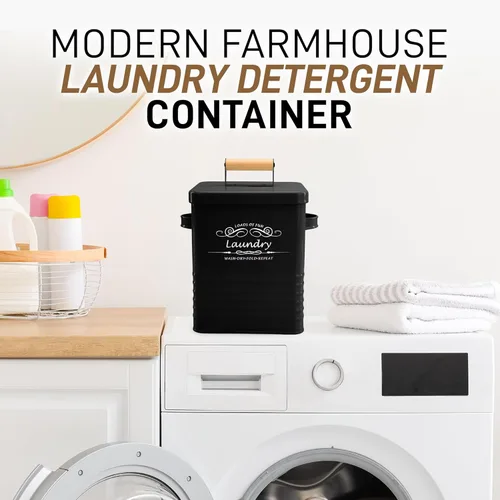 Miniatura 2 de ELITAPRO Contenedor de almacenamiento de detergente para ropa con cuchara y tapa, dispensador de polvo de metal para lavandería para decoración