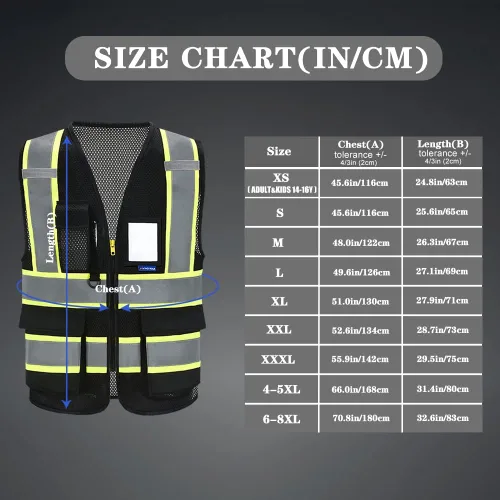 Miniatura 5 de AYKRM 11 color alta visibilidad reflectante chaleco de seguridad para mujeres hombres bolsillo cremallera ANSI/ISEA estándar Malla Negra