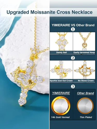 Miniatura 3 de YIMERAIRE Collar de Cruz Corona de Moissanita Mejorado Oro Vermeil de 14K 1.1 Quilates Delicado Helado Joyería de Cruz de Fe Cristiana Plata de Ley