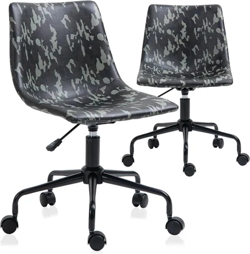 Miniatura 9 de Silla de escritorio de oficina sin brazos en vinilo con estampado de hojas de plátano (blanco) – Silla ergonómica de respaldo medio con ruedas, sin