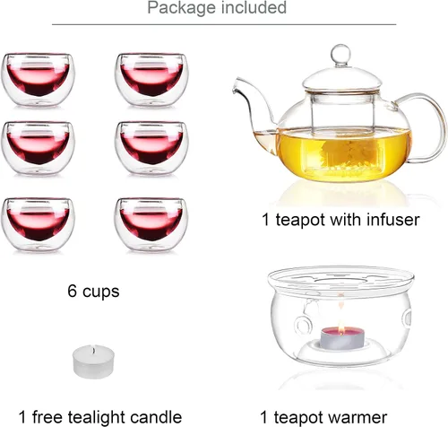 Miniatura 2 de Jusalpha Tetera de vidrio con un conjunto calentador y 6 tazas de té, Transparente