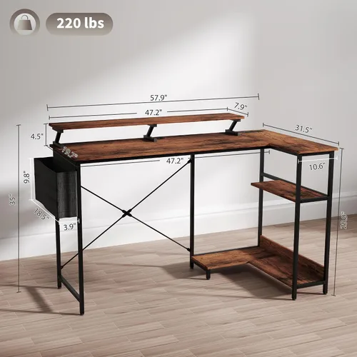 Miniatura 3 de HOMCOM Escritorio para juegos en forma de L de 58 pulgadas con tomas de corriente y luces LED, escritorio reversible para computadora con soporte