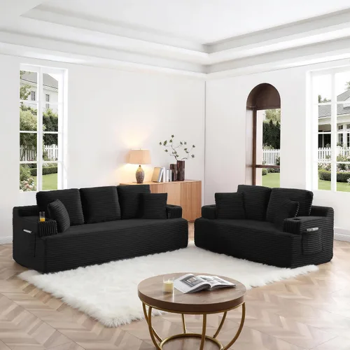 Miniatura 34 de Sofá sin hueso de 66.5 pulgadas con portavasos y bolsillos laterales, sofá biplaza tapizado de tela de pana moderna con 2 almohadas para sala
