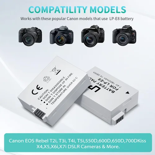 Miniatura 4 de LP Batería de repuesto E8, paquete de 2 baterías E8 de 1900 mAh para cámara digital Canon EOS Rebel T2i, T3i, T4i, T5i, EOS 550D, EOS 600D, EOS