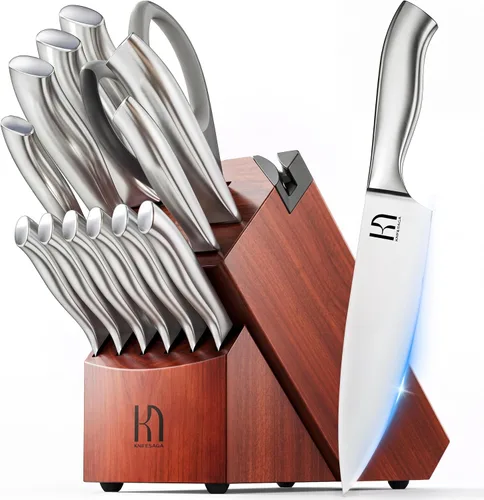 Juego de bloque de cuchillos KnifeSaga, juego de cuchillos de cocina con bloque de alta durabilidad, juego de 14 piezas de cuchillos japoneses de