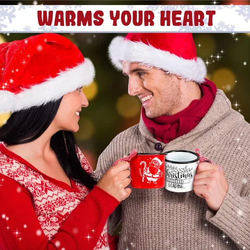 Miniatura 6 de Sliner 12 mini tazas de café de Navidad a granel con cinta a cuadros de 8.5 onzas, taza de metal esmaltado de Navidad con borde negro para el hogar