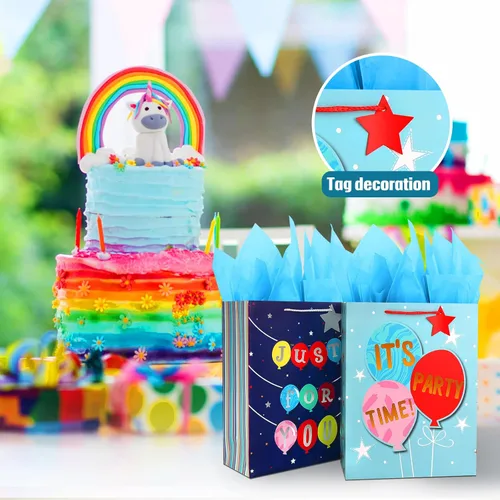 Miniatura 6 de Bolsas de regalo grandes, bolsa de regalo de cumpleaños para niños, adolescentes, niños, hombres, bolsas de regalo azules con papel de seda, bolsas