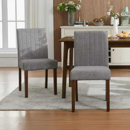 Miniatura 11 de Juego de 2 sillas de comedor tapizadas, sillas laterales de cocina de tela moderna con patas de madera resistentes, diseño Parsons, cómodo lino