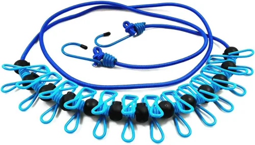 Miniatura 2 de Tendedero elástico ajustable con clips y bolas de posicionamiento, portátil, retráctil, resistente al viento, cuerda para colgar la ropa sucia, Azul