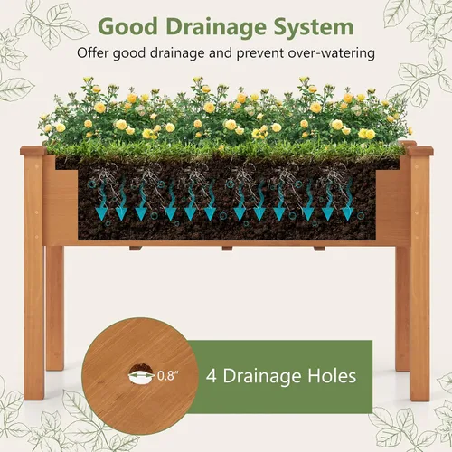 Miniatura 4 de HAPPYGRILL - Cama de jardín elevada, caja de jardín de madera para exteriores con patas, agujeros de drenaje, tela de revestimiento de jardín negra