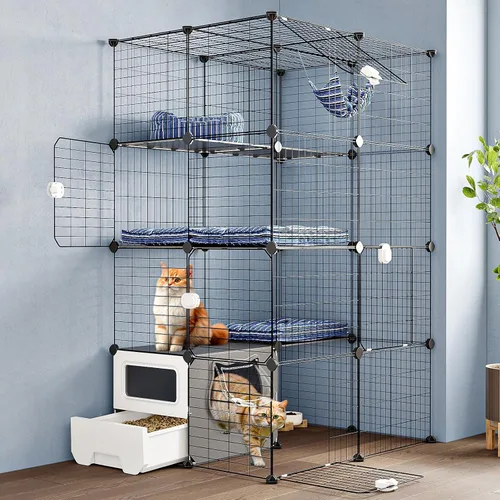 Oneluck Jaula para gatos con caja de arena, recintos de bricolaje de 4 niveles, corralito grande, jaula de alambre de metal desmontable, jaula para