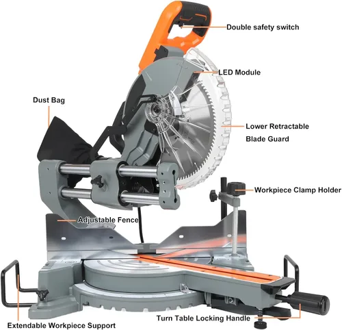 Miniatura 8 de Sierra ingletadora compuesta de 10 pulgadas, sierra ingletadora deslizante LAZYLAND 15A 5000RPM con doble bisel 0-45°, luz de trabajo LED y bolsa