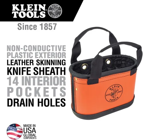 Miniatura 2 de Klein Tools 5144HBS Cubo de cuerpo duro, organizador ovalado para herramientas con funda para cuchillos y 14 otros bolsillos, naranja/negro