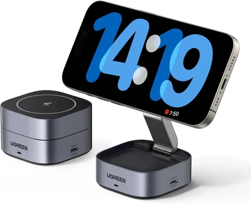 UGREEN MagFlow - Estación de carga plegable magnética, cargador inalámbrico rápido 2 en 1 compatible con iPhone 17 17 Air 17 Pro 17 Pro Max 16 15 14