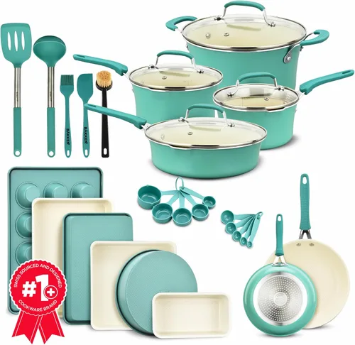 Juego de ollas y sartenes, 23 piezas de utensilios de cocina y repostería antiadherentes con patrón a cuadros, diseño apilable, apto para