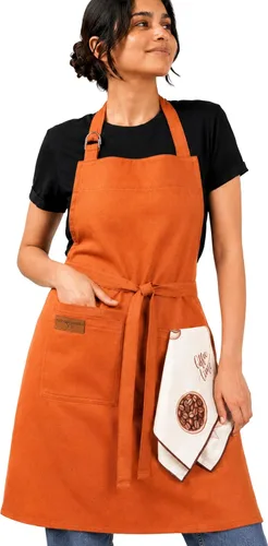 Miniatura 12 de Delantal de cocina 100% algodón con 2 bolsillos, delantal de chef ajustable para cocinar, hornear barbacoa, delantal unisex