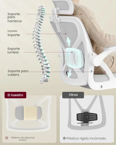 Miniatura 4 de VASAGLE Silla de oficina ergonómica de malla con soporte lumbar ajustable y reposacabezas, función de inclinación de 90-105°, asiento ancho, Gris