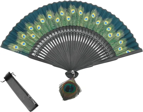 Miniatura 8 de Innolife Pavo real chino/japonés mano plegable ventilador bambú tallado marco seda artesanía ventilador (negro)