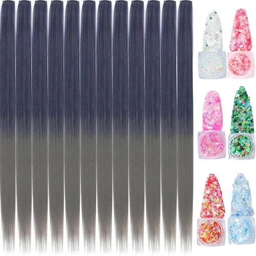Miniatura 28 de Extensiones de cabello de colores, extensión de cabello liso con clip de 22 pulgadas, extensiones de cabello con brillantina multicolor arcoíris