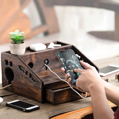 Miniatura 5 de Caja de gestión de cables de madera multifuncional para el hogar, escritorio de gran capacidad, caja de almacenamiento de regleta de alimentación