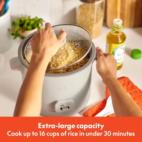 Miniatura 2 de Arrocera BELLA de 16 tazas con vaporizador, cesta de cocción a vapor apta para lavavajillas, paleta de arroz y taza medidora, recipiente de cocción