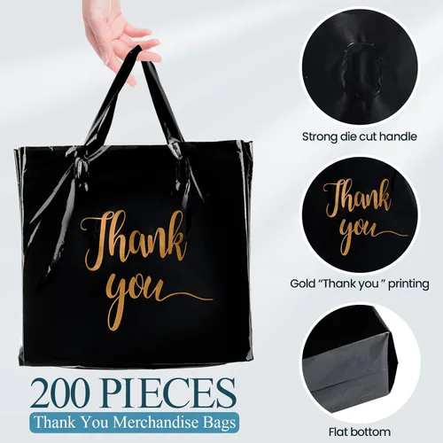 Miniatura 2 de Teling 200 piezas de bolsas de agradecimiento con asas al por mayor, bolsas de mercancía con texto "Thank You" (Agradecimiento) en 3 tamaños, Negro