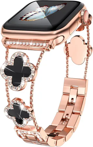 Miniatura 9 de Musk-MSKR Correas de metal con diamantes añaden brillo a tu reloj para Apple Watch Series 11/10/9/8/7/6/5/4/3/2/SE/Ultra Trébol Simple y elegante