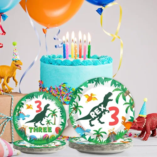 Miniatura 5 de 96 piezas de decoraciones de fiesta de dinosaurios 3 Rex suministros de cumpleaños para 3er cumpleaños, juego de vajilla 3 T-Rex desechables