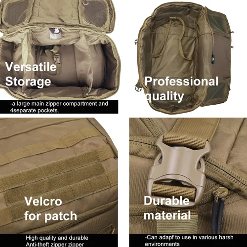 Miniatura 4 de Mochila militar 3 en 1 bolsa de viaje para gimnasio de fin de semana, despliegue de entrenamiento de viaje, Beige Bronceado, Bolsa de gimnasio 3 en 1