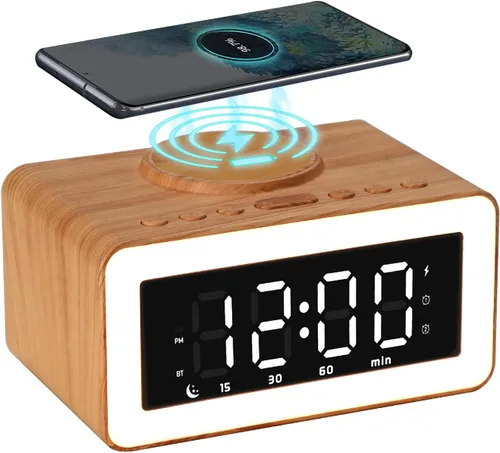 Miniatura 7 de Reloj despertador de madera con altavoz Bluetooth con carga inalámbrica, atenuador de brillo ajustable 0-100%, 2 alarmas, repetición de 9 minutos
