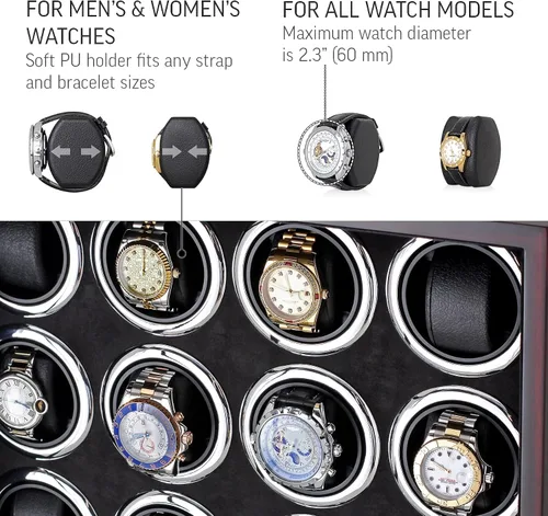 Miniatura 6 de Enrollador de reloj para 16 relojes automáticos con retroiluminación LED y control de pantalla táctil LCD, Ébano + Negro, Enrolladores de reloj
