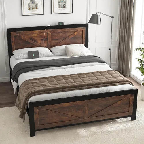 Miniatura 7 de DOGIBIXO Marco de cama tamaño completo con luces LED y carga USB, marco de cama de plataforma industrial con cabecera de puerta de granero