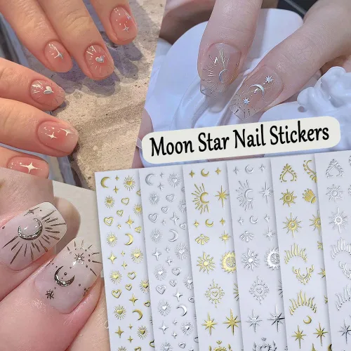 Miniatura 3 de 12pcs Aurora Plata Estrella Luna Nail Art Pegatinas 3D para las Mujeres Oro Rosa Sol Corazón Calcomanías de Diseño Láser Suministros