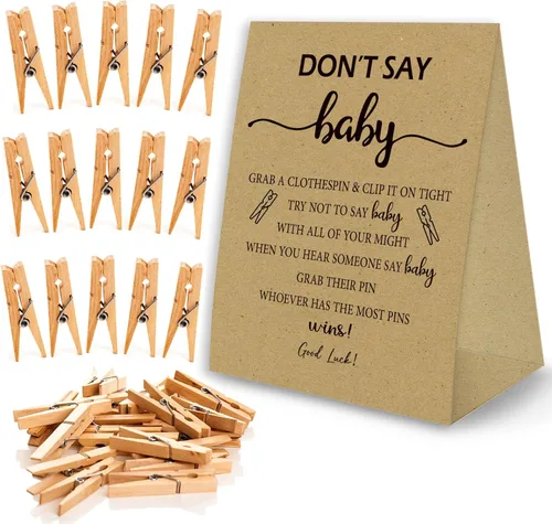 Miniatura 6 de Juego de pinzas para la ropa de baby shower, un cartel de papel recubierto de 5 x 7 pulgadas y 50 pinzas naturales para la ropa, baby shower