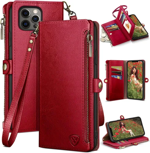 Miniatura 9 de XcaseBar Funda tipo cartera compatible con iPhone 13 Pro de 6.1 pulgadas con cremallera y tarjetero de crédito con bloqueo RFID, funda de piel